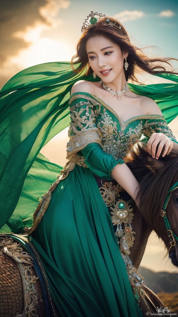 (lifelike, high resolution:1.3), close up,A woman adorned in a vibrant emerald gown, perched atop a majestic dragon with scales that shimmer like a thousand emeralds. The dragon soars through the skies, casting a trail of iridescent light. Her laughter is as enchanting as the wind, echoing through the clouds, a testament to her free spirit and the bond with her mythical steed. A crown of dragon scales rests on her head, and the flowing silk of her dress dances with the dragon's flight, painting a tale of fantasy and elegance in the air.