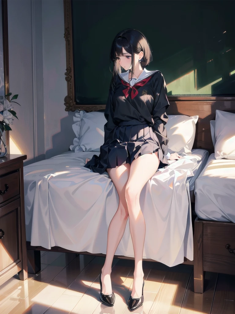 absurdres, RAW photo, extremely delicate and beautiful, masterpiece, Best Quality, ultra high resolution, 32k, hyperrealistic, ultra-detailed, in her 20s, delicate facial features, tearful mole, earring, medium breasts, full body shot, shorter middle hair, black hair, ((school uniform)), bedroom,
