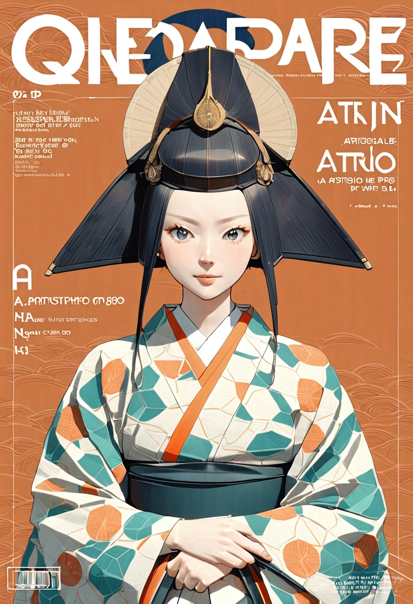 (masterpiece, ultra detailed,best quality),
(fashion magazine cover:1.3),A girl wearing an aristocratic kimono from the Heian period,BREAK.(16yo,cute,detailed face,(darkblue wavy-short hair),parallel eyebrows),dynamic pose,