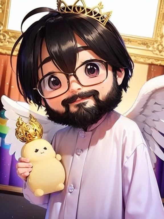 (chibi), Glasses, beard、A boy angel、Smiling in front of the palace of heaven。In the background is a magnificent palace and the Rainbow Bridge。There is an aura of light around the angel.、Has a glowing effect。The angel costume、A white gown with gold trim and a small tiara。His wings are large and pure white、Shining in the light。
