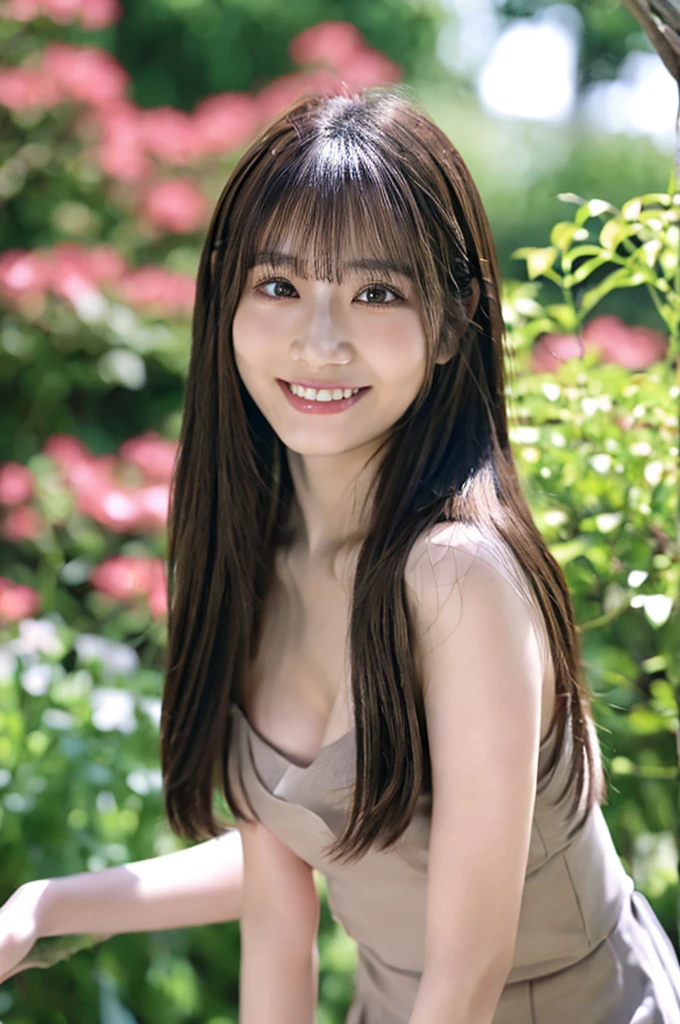 Minami Hamabe,(highest quality,16k,High resolution:1.2),Dark brown long hair,Girls in their 20s,Very detailed,One Girl,A beautiful 26 year old woman,(Minami Hamabe:1.3),(smile),garden,(high quality,ultra detailed,best quality,masterpice,4k,taken by nikon d750:1.0)