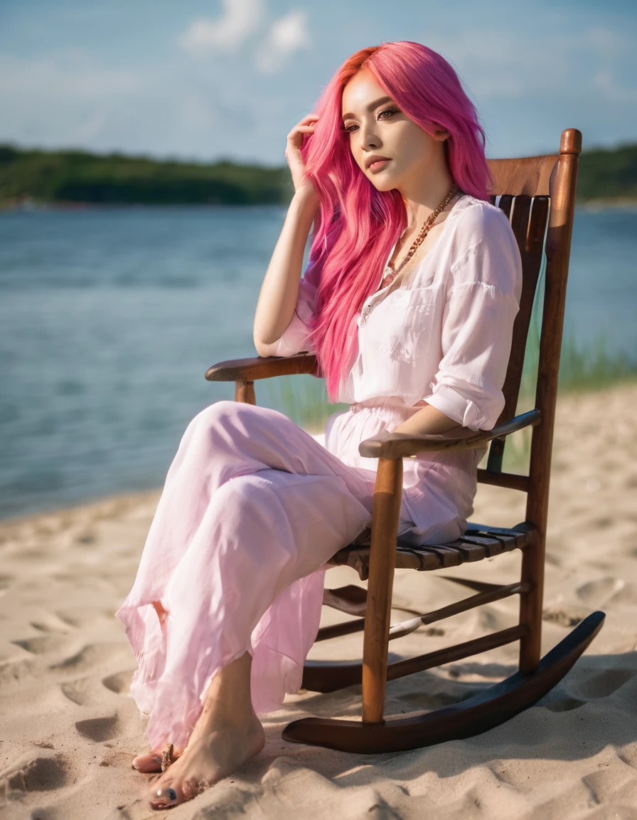 beautifull woman with long pink hair, wearing beach wear, sitting on a chair on the beach, sitting in the beach, sitting on a rocking chair, man sitting facing away, Shot with Canon eos 5d mark IV, sitting relax and happy, Sat down, Cooldown time. Good view, sitting in front of the lake, Shot with Canon EOS 5D, Portrait shooting