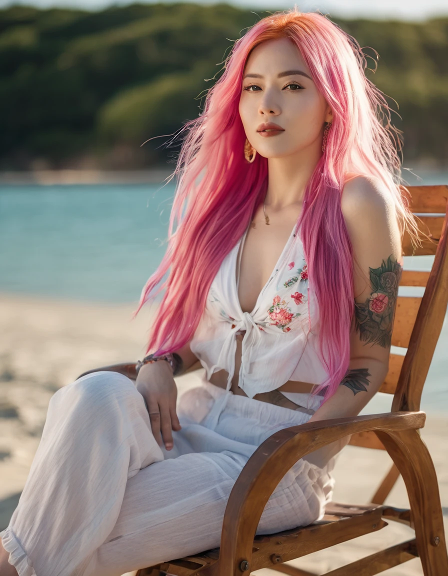 beautifull woman with long pink hair, wearing beach wear, sitting on a chair on the beach, sitting in the beach, sitting on a rocking chair, man sitting facing away, Shot with Canon eos 5d mark IV, sitting relax and happy, Sat down, Cooldown time. Good view, sitting in front of the lake, Shot with Canon EOS 5D, Portrait shooting