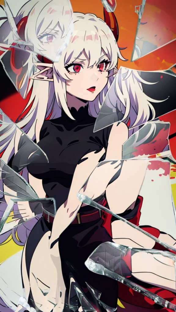 ((1adult woman,solo,milf,mature female)),red eyes,redlipstick,horns,serious,white hair,long hair,(black dress),elf ears,(((hair over one eye))),IncrsBrknGls,broken glass, reflection,