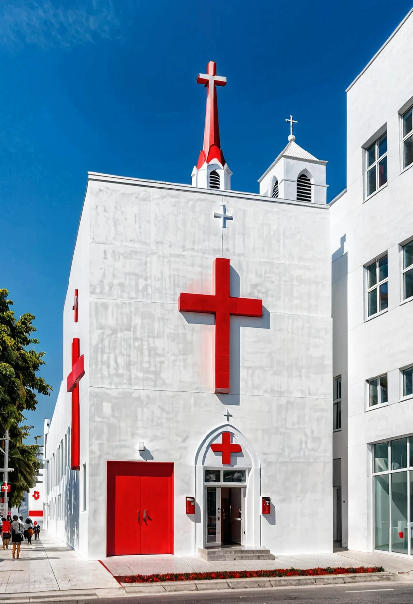 Modern church in crowded city. White painted color wall with red cross.