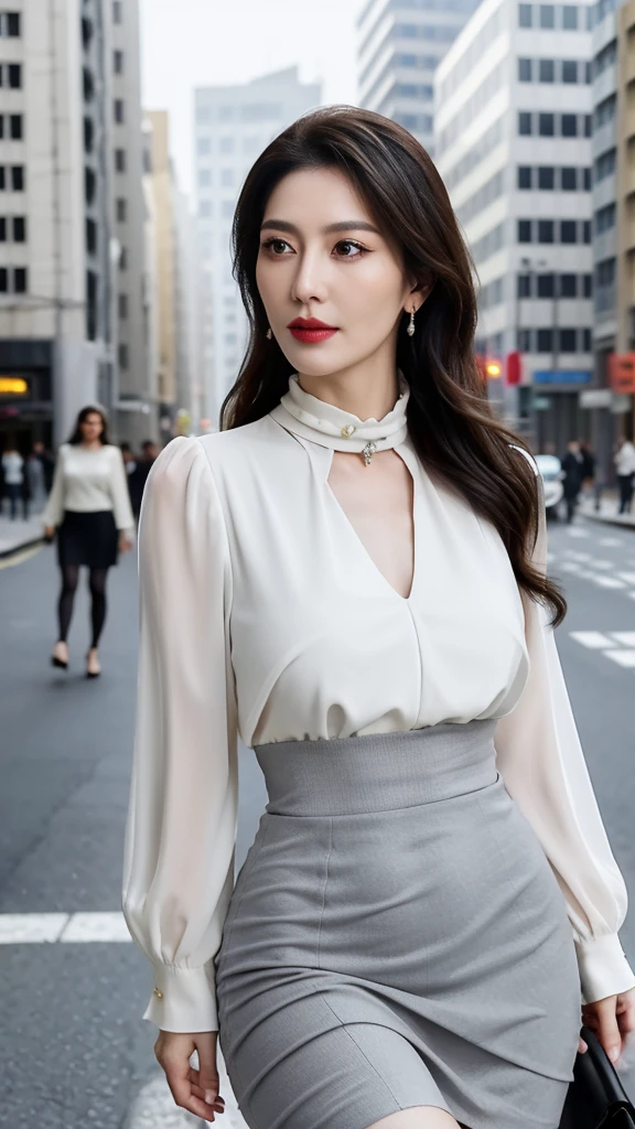 on the street,Light grey reflective clothing (No cleavage),cosmetic, (Lipstick: 1.1), (Eyeliner: 1.2), mascara, Eyeshadow,Outdoor sports, earrings, necklace, Black pantyhose, Wrinkles at the corners of the eyes, Oral wrinkles,High target Neck Knit Bodycon Skirt,full-body shot,An Asian Japanese woman,65 years old,big eyes,elegant temperament elegant temperament,(masterpiece:1.2, best quality), Practical, (The real situation,45 years old, Intricate details, Depth of Field,High target neck clothes), careful, The content is very detailed, This is a perfect face, Perfect body, Large Model, Mature woman, High target,Black silk garter,8K,best quality, masterpiece, Ultra-high resolution,(lifelike:1.4), original photo, Stay focused, detailed, dramatic, Exquisite beautiful woman, (tall and straight:1.1),(Fat goddess desetallic high collar dress,High target collar fitted skirt),half butterfly earrings, double ring necklace, (:1.05), (65 years old, : 1.4),Long curly hair, Dynamic Angle, (Red lips)