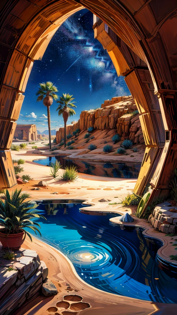 painting of a desert with a beautiful oasis, beautiful art uhd 4 k, starry night,moon, clouds,a beautiful artwork illustration, beautiful digital painting, highly detailed digital painting, beautiful digital artwork, desert,arabian desert , desert oasis, detailed painting 4 k, very detailed digital painting, rich picturesque colors, gorgeous digital painting