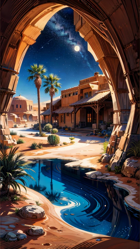 painting of a desert with a beautiful oasis, beautiful art uhd 4 k, starry night,moon, clouds,a beautiful artwork illustration, beautiful digital painting, highly detailed digital painting, beautiful digital artwork, desert,arabian desert , desert oasis, detailed painting 4 k, very detailed digital painting, rich picturesque colors, gorgeous digital painting