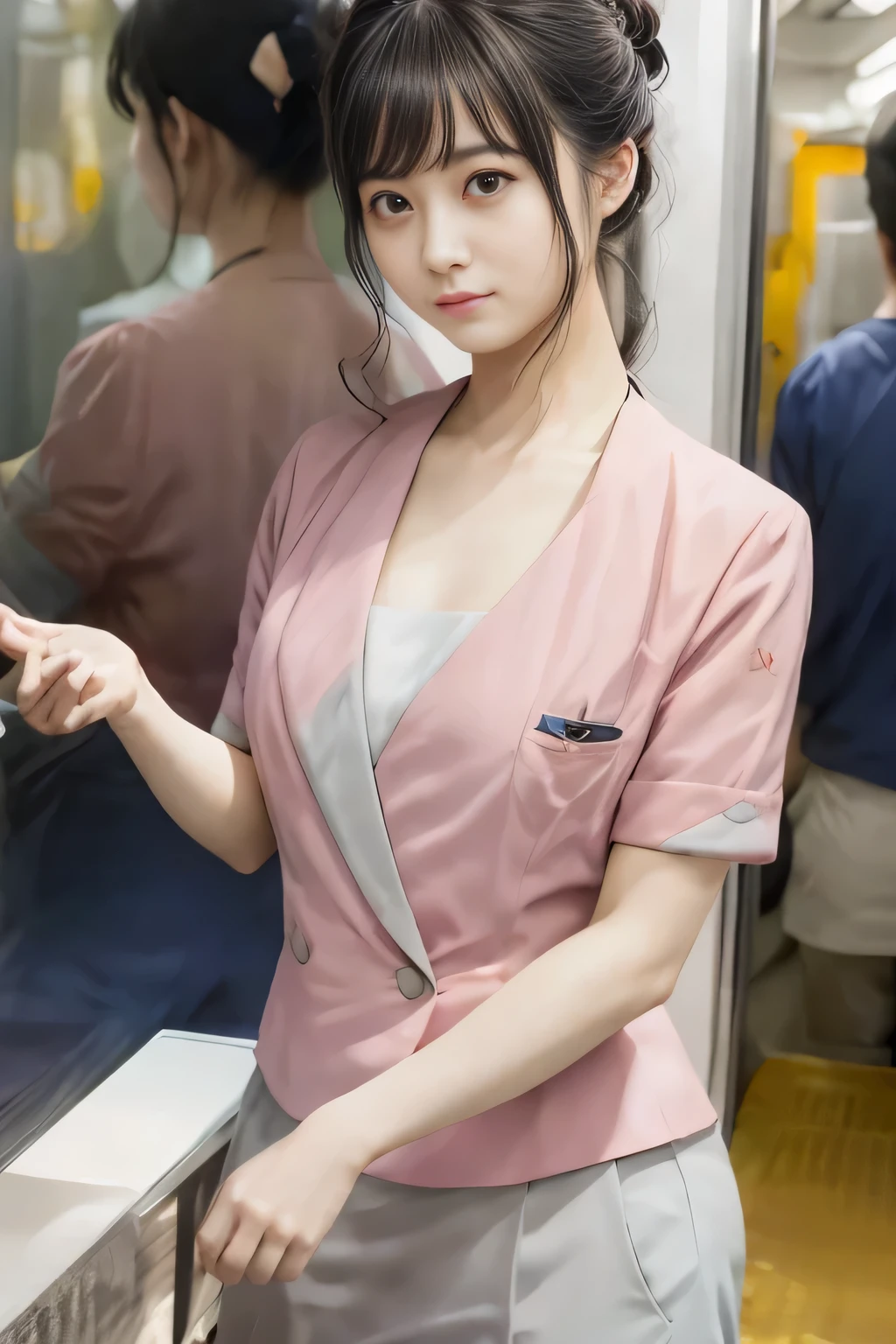 (masterpiece:1.2, Highest quality:1.2), 32k HDR, High resolution, (alone、1 girl)、(On the rooftop of a building in the daytime、Professional Lighting)、Building rooftop background、(Nankai train crew uniform pinkを着たリアルスタイル)、(Nankai train crew uniform pink short sleeve collarless pink jacket、Nankai Train Crew Uniform Pink Collarless Short Sleeve Blouse、Nankai Train Crew Uniform Pink Grey Knee-length Culottes)、((The bottom of the pink short-sleeved jacket cannot be tucked into the clay-colored culottes.))、Dark brown hair、(Hair tied up、Hair Bun、Hair Bun)、Dark brown hair、Long Shot、Big Breasts、Thin legs、((Great hands:2.0)),((Harmonious body proportions:1.5)),((Normal limbs:2.0)),((Normal finger:2.0)),((Delicate eyes:2.0)),((Normal eyes:2.0)))、(Nankai Train Crew Uniform Pink Grey Knee-length Culottesを見せた美しい立ち姿)、smile