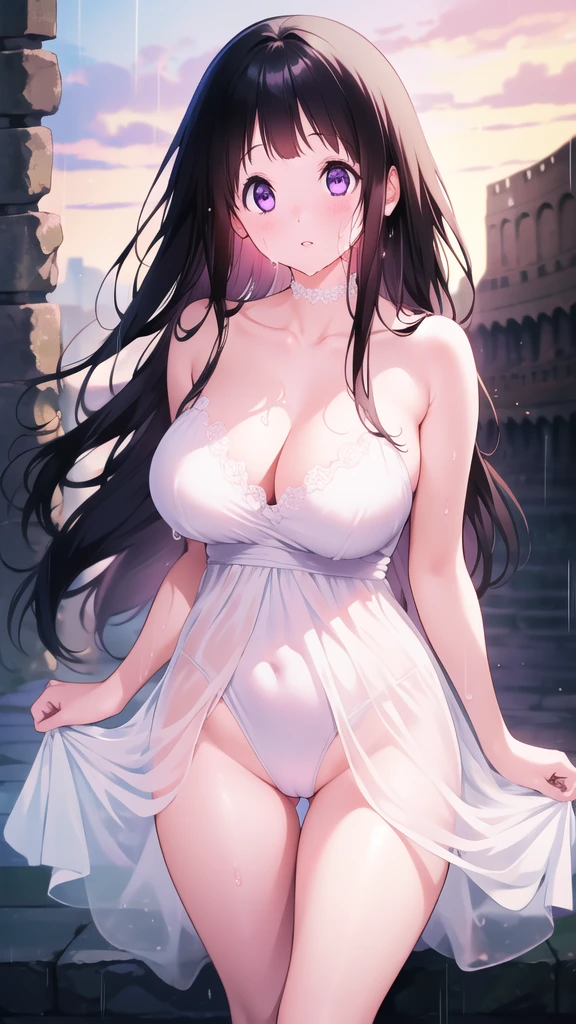 Chitanda,只有一个beautiful girl,Purple Eyes, Black Hair, Natural straight hair, Straight bangs,Extremely refined,open your lips,Face is so red,Very white skin,Skin as delicate as porcelain,Glowing skin,big eyes,Flowing long hair,beautiful girl, Like a dream,Slim,Slim waist,Soft, (Sensual), (Kawaii), Dream quality,Loose white transparent dress,High slit,Sweaty and sweaty,Wet skin,Side breasts,it is raining,Hand high,Keep your head up and your chest out,Standing in the Colosseum,(Completely naked),Gluteal groove,Completely naked的背部,nacked hip,very close,Deep V neckline,Loose neckline,Beautiful big breasts,No pants,nopan,no pants,Bare shoulders,There are no shoulder straps,Exposed collarbone,Delicate clavicle,Delicate hands and feet,Bare neck,There are no clothes around the neck,Bare thighs,Exposed groin,Camel toe,extremely shy,Ultra-high resolution, (masterpiece:1.2, best quality), (Delicate and beautiful eyes: 1.2), (Beautiful and delicate face)
