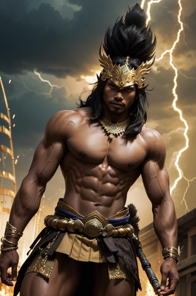 ((best quality)), ((masterpiece)), (detailed), create very detailed images of A powerful warrior in Javanese mythology, associated with thunder and lightning, and renowned for his strength and bravery. He is often depicted as a fierce warrior who defends people from danger, and his stories are full of epic battles and heroic feats.
