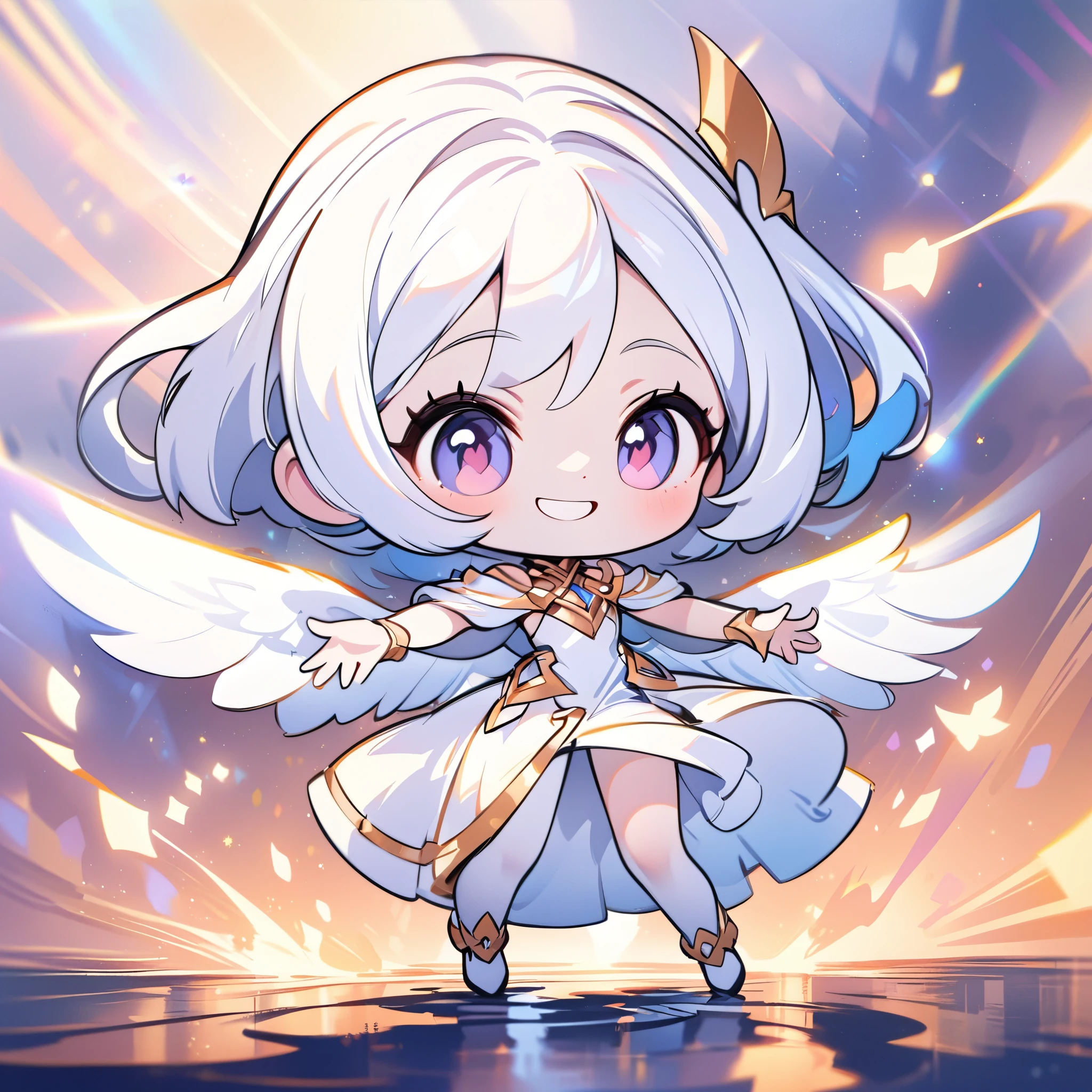 (high quality, 8K, 4K, Deformation, High Contrast, masterpiece:1.2, 最high quality, Best aesthetics), ((White Angel:1.1)), Chibi, Chibiキャラ, A well-balanced and correct appearance, Balanced, (Spreading his white wings:1.4), Long silver hair, White Dress, Pale skin, Beautiful woman, Cute angel, (Cute Smile:1.6), Cute art, Fancy, Background of dancing light particles, Ultra-fine Illustration.
