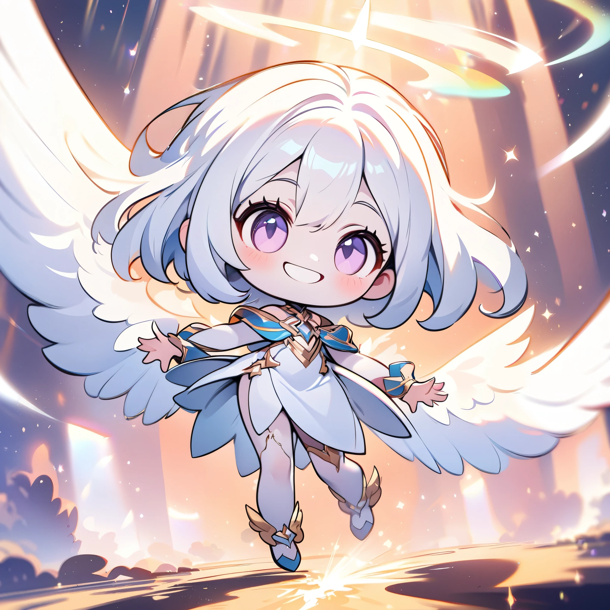 (high quality, 8K, 4K, Deformation, High Contrast, masterpiece:1.2, 最high quality, Best aesthetics), ((White Angel:1.1)), Chibi, Chibiキャラ, A well-balanced and correct appearance, Balanced, (Spreading his white wings:1.4), Long silver hair, White Dress, Pale skin, Beautiful woman, Cute angel, (Cute Smile:1.6), Cute art, Fancy, Background of dancing light particles, Ultra-fine Illustration.