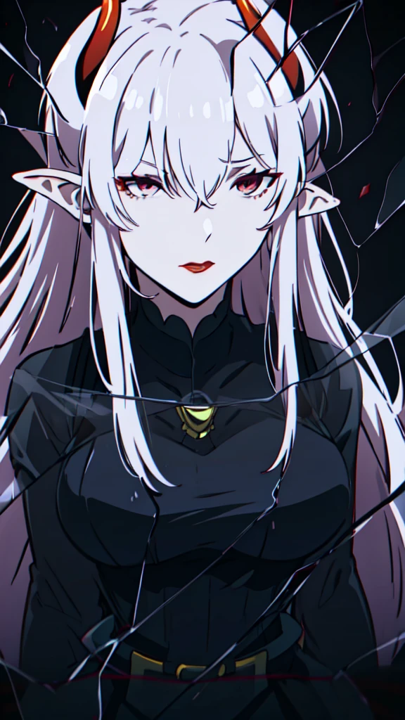 ((1adult woman,solo,milf,mature female)),red eyes,redlipstick,horns,serious,white hair,long hair,(black dress),elf ears,(((hair over one eye))),glass,broken glass,black background