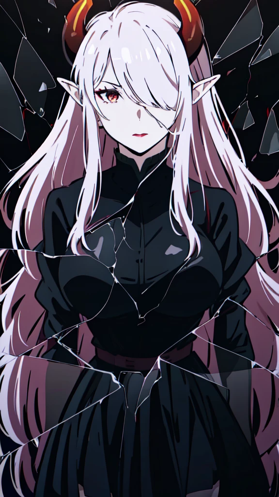 ((1adult woman,solo,milf,mature female)),red eyes,redlipstick,horns,serious,white hair,long hair,(black dress),elf ears,(((hair over one eye))),glass,broken glass,black background