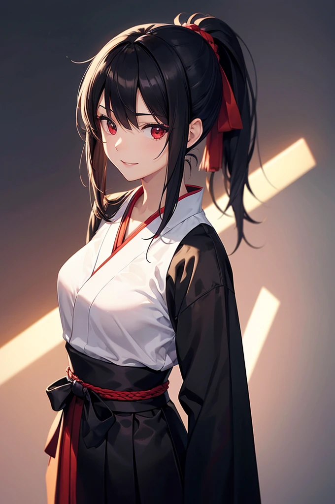 (masterpiece; best quality: 1.2), (finely detailed eyes: 1.3), ((25 year old woman)), ((solo)), (red eyes: 1.4), (body; lithe, slender, femenine: 1.3), (black hair in ponytail: 1.3), (beautiful and clear background: 1.2), ((depth of field)), (clothes: ronin attire + black hakama + black sash: 1.3), (anime illustration: 1.2), (background composition; kendo dojo + night time: 1.1), (extremely fine and beautiful: 1.1), (shot composition; standing + centered on torso + close-up: 1.5), (expression; calm, smile: 1.2)