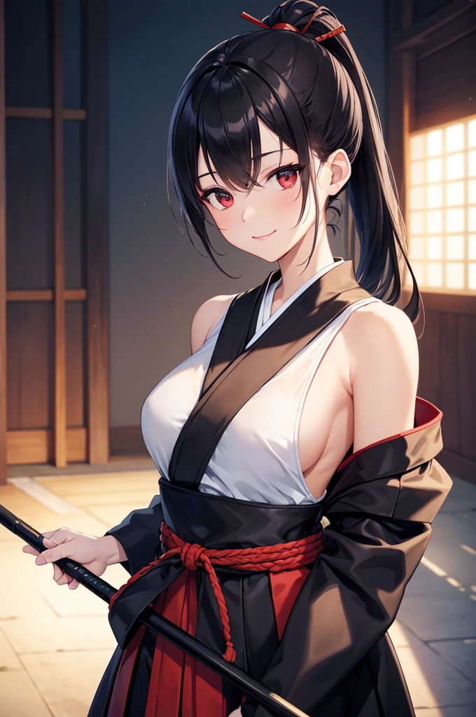 (masterpiece; best quality: 1.2), (finely detailed eyes: 1.3), ((25 year old woman)), ((solo)), (red eyes: 1.4), (body; lithe, slender, femenine: 1.3), (black hair in ponytail: 1.3), (beautiful and clear background: 1.2), ((depth of field)), (clothes: ronin attire + black hakama + black sash: 1.3), (anime illustration: 1.2), (background composition; kendo dojo + night time: 1.1), (extremely fine and beautiful: 1.1), (shot composition; standing + centered on torso + close-up: 1.5), (expression; calm, smile: 1.2)
