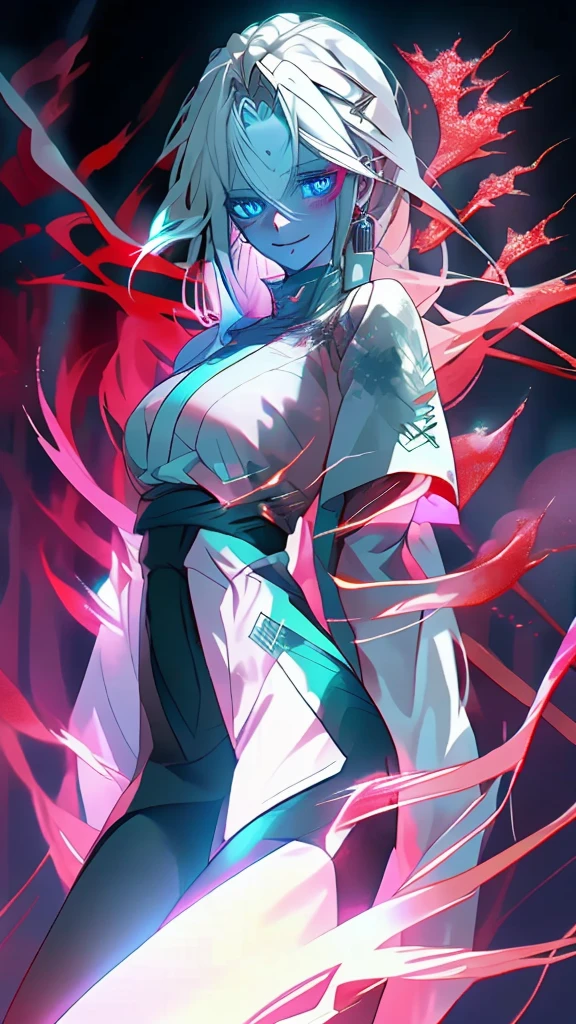 "Create an image of a white-haired man with blue eyes standing in the center of a dark forest. filled with countless red eyes on the background, glowing eyes. He is looking directly at the viewer with a wide, crazed smile. The atmosphere is eerie and unsettling, with twisted branches and a fiery glow from the underbrush. The overall mood should be one of horror and dread."