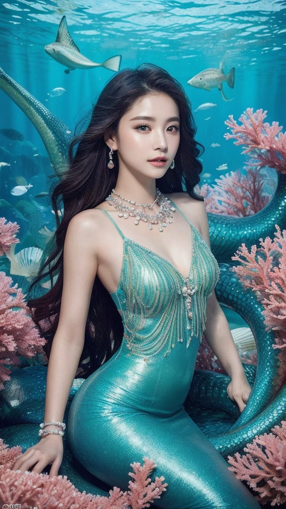 （lifelike， high resolution：1.3）， close up，A siren in a sapphire-hued mermaid tail, riding the back of a colossal sea serpent, gliding through the crystal-clear waters of an undersea kingdom. Her hair flows like seaweed, adorned with pearls, and her eyes sparkle with the secrets of the deep. A necklace of coral and shells drapes around her neck, complementing the scales of her tail. The surrounding marine life forms a vibrant backdrop, creating an aquatic symphony of beauty and allure.