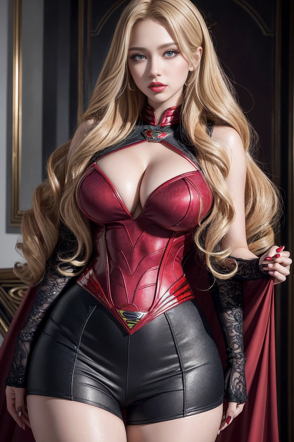 1 girl, (((17 years))), (((Perfect body))), masterpiece, best quality, 8K, Extremely detailed skin texture, Extremely detailed fabric texture, Beautiful and delicate face, (((Extremely beautiful))), Intricate details, Extremely detailed, ((Black Widow in Superman style)), (((Curly Blonde))), Extremely beautiful blonde, (((Extremely detailed long hair))), big red hairtie, Ponytail, Dynamic poses, ((Clothes that show thighs)), (Extremely detailed legs), ((shorts)), ((skirt)), (((Wide hips))), (Extremely detailed thick thighs), Sexy, Seductive pose, (((Extreme hourglass figure))), Extremely detailed deep red lipstick, Extremely detailed lips, Extremely detailed blue eyes, Beautiful appearance, (Slanted eyes), Extremely detailed provocative mouth, Extremely beautiful seductive lips, blush, Professional Makeup, Eyeshadow.