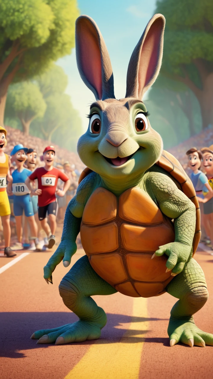 The hare and the tortoise stand at the starting line, ready to start The hare and the tortoise stand at the starting line, ready to start the race. The hare looks confident, while the tortoise appears composed, color saturated, Disney stylethe race. The hare looks confident, while the tortoise appears composed, color saturated, Disney style