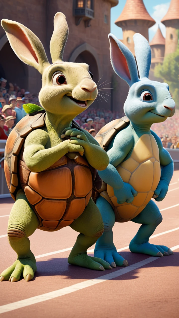 The hare and the tortoise stand at the starting line, ready to start The hare and the tortoise stand at the starting line, ready to start the race. The hare looks confident, while the tortoise appears composed, color saturated, Disney stylethe race. The hare looks confident, while the tortoise appears composed, color saturated, Disney style