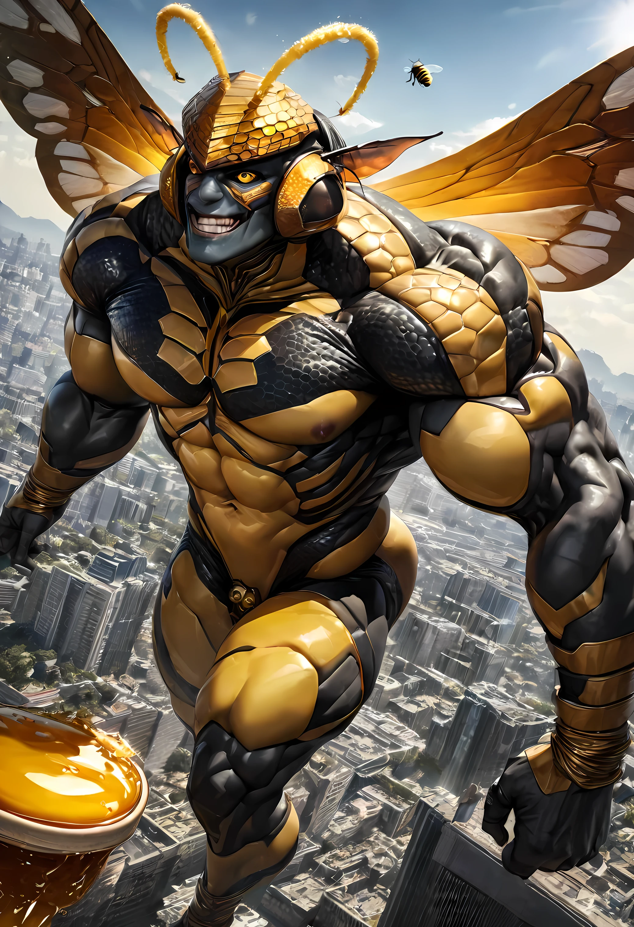 ((absurdres)) perfect whole body, ultra photorealistic, top quality, Photorealistic, ((16k UHD)) High Definition, high-res, ultra sharp, masterpiece, the best quality, intricate details, detailed eyes, perfect face detailed face, (((in a capital city town))) orange goggles, masterpiece, highly detailed exquisite character art, perfectly detailed anatomy, detailed body, detailed pecs, hyper pecs, thick thighs, (((sunny weather))) (((natural lights))), ultra-realistic, (((1male))) ((tall muscular man male humanoid)), bald, humanoid yellow skin, bee anatomy, deity, god of honey bees, humanoid black & yellow skin tone, yellow hue, powerful humanoid appearance, compound eyes, stinger, abdomen, metallic scales, scales. Metallic armour, wings, elf ears, glossy skin, large smirking face, flying in the sky, mandibles, Antenna, honey, ((male muscular stripe black & yellow humanoid insect honey bee)) (((yellow skin))), (((black skin)))