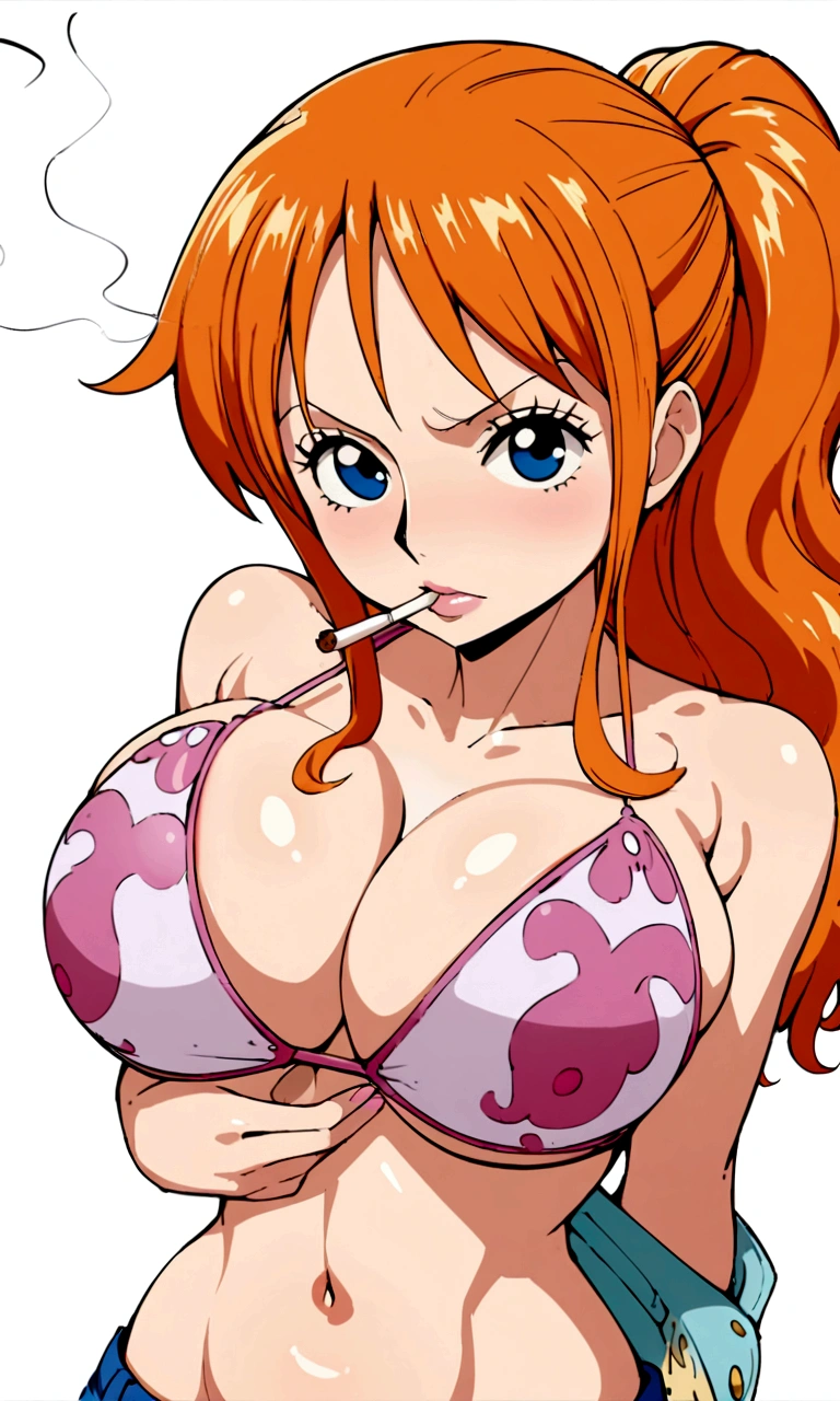a cartoon picture of a woman in a bikini top and jeans, nami one piece, nami from one piece, nami, beautiful portrait of nami, from one piece, oppai, blue eyes, smoking, ponytail, nsfw