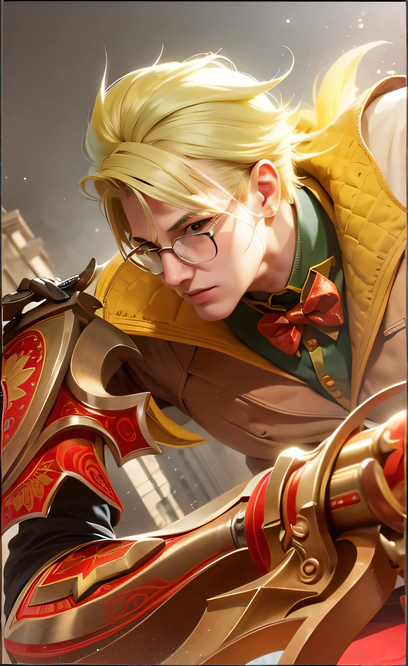 The image features a character with blonde hair and glasses, wearing a suit with a yellow bow tie, and holding a sword, Best quality, masterpiece, detailed skin texture, detailed clothes texture, detailed face, super detail, 8k, intricate detail, 1 boy, The color doesn't change, Muscle guy, 1 guy