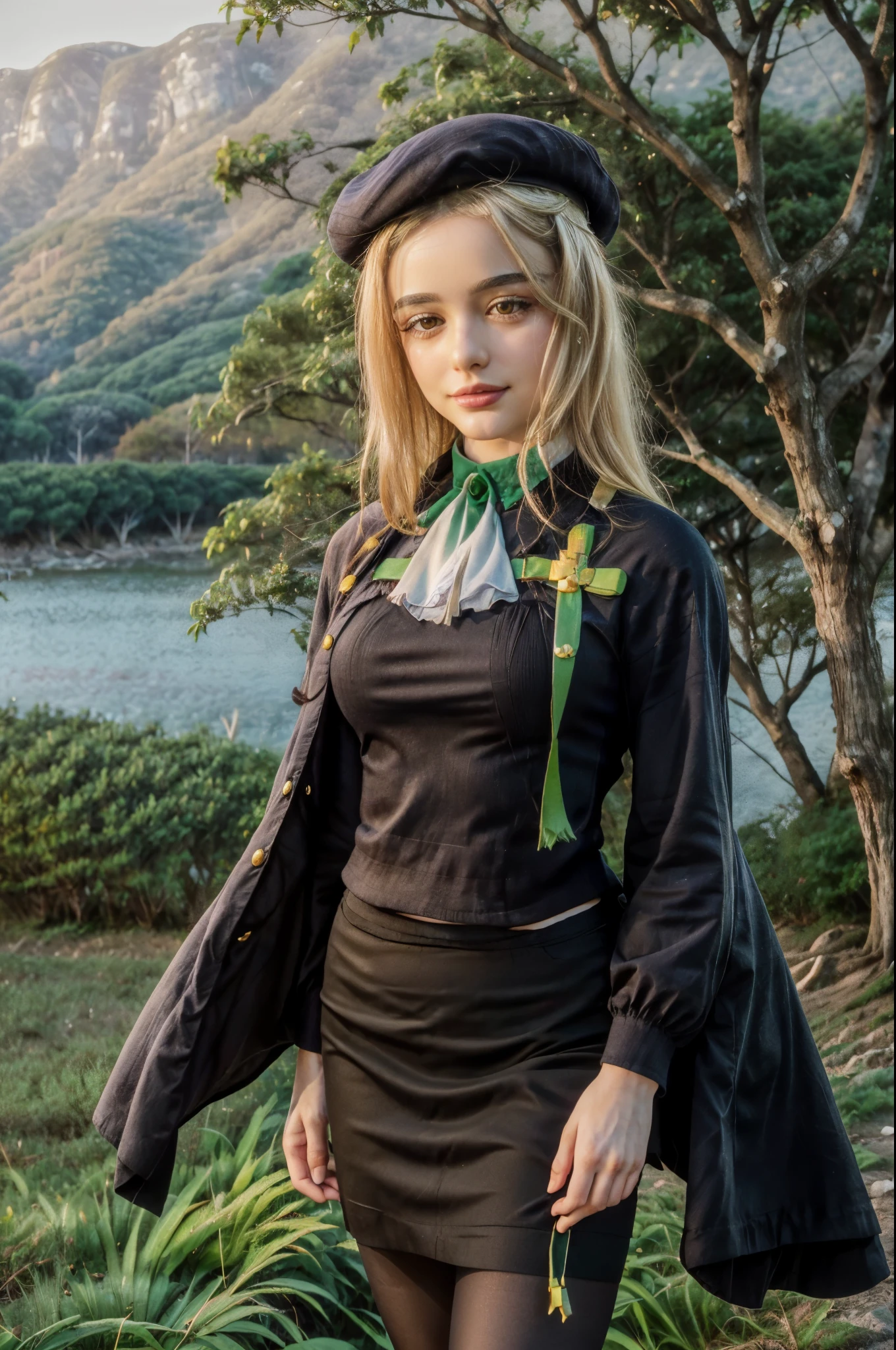 1 girl, best quality, ((Miyo)), tarankaaa, perfect face, beautiful smile, 30 years old, ((ascot, uniform, black skirt, cross, ribbon, gold blonde hair, emerald, beret, cape, pantyhose)), ((perfectly drawn hands)), perfect body, bare tree, bush, fog, forest, grass, nature, outdoors, plant, scenery, solo, standing, tree, 32k photograph, ((perfect eyes, detailed eyes,realistic eyes)), ((sharp face, detailed face, realistic face, natural skin, realistic skin, detailed skin, pores)), full body, tone mapping, asian-european, ((masterpiece)), ((highres)), ((detailed background)), japanese village background, night, big proportions,