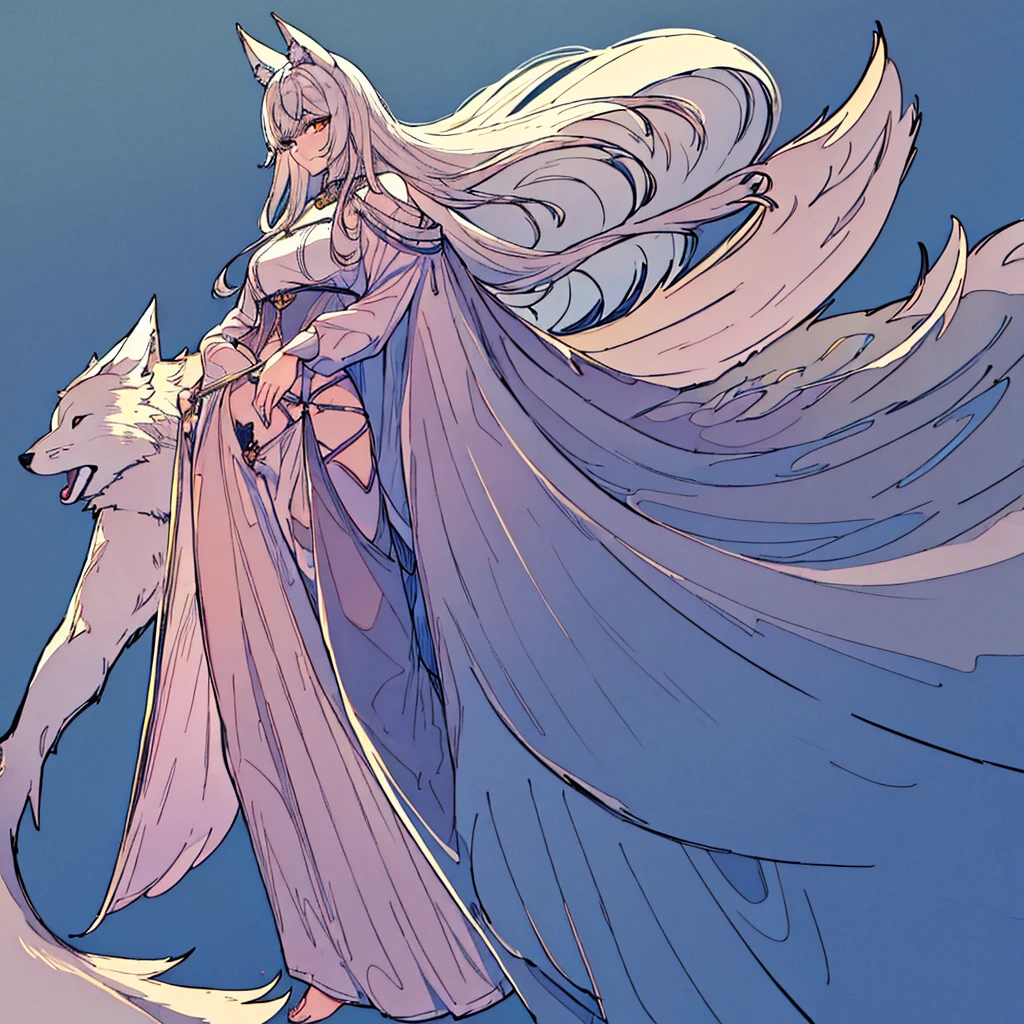 - Lleva una layer clara con una abertura en el frente, color blanco
- La layer cubre parcialmente una camisa blanca con mangas largas.
- Black tight pants.
- Long, pointed wolf ears, White color.
- Long hair, white and messy, that reaches beyond your waist.
- Ojos rEyes o rosados, that stand out on his pale face.
- Cola peluda y larga que coincide con el color de su Hair blanco.
- Bare feet shaped like a wolf.
- A Wolf Woman, wild, naughty, malisiosa - Beige coat - large wolf ears - White hair - Squinted eyes with red pupils and white eyelashes - Black pants - White wolf tail - Lupine appearance - intense gaze, haunting - White (Hair, layer)
- Negro (pants)
- Red/rosado (Eyes)
- white (ears and tail)
-Front Pose!