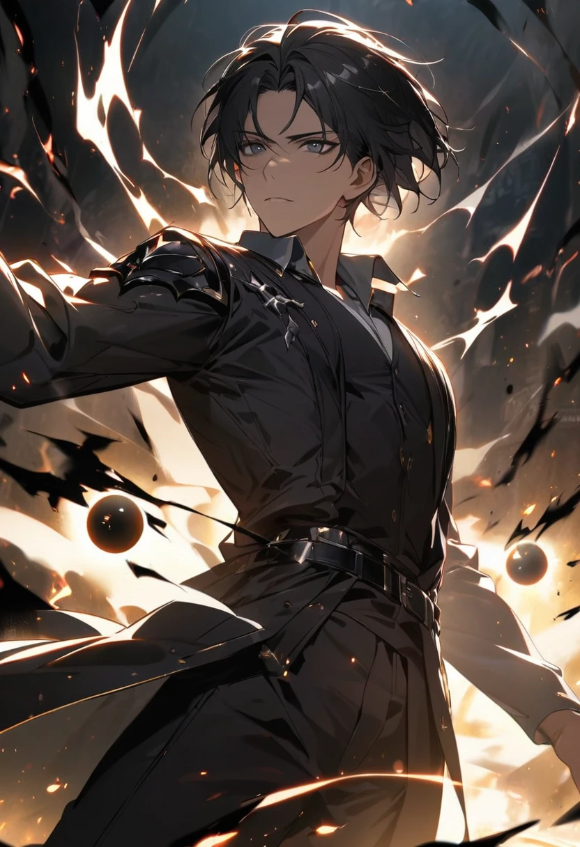 Man, short hair, black hair, black eyes, glowings eyes, black aura, white aura, handsome, high quality, black energy ball