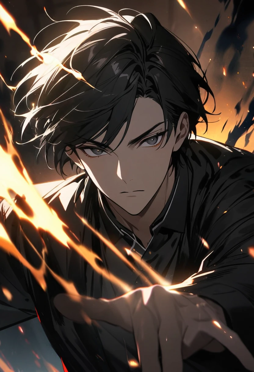 Man, short hair, black hair, black eyes, glowings eyes, black aura, white aura, handsome, high quality, black energy ball