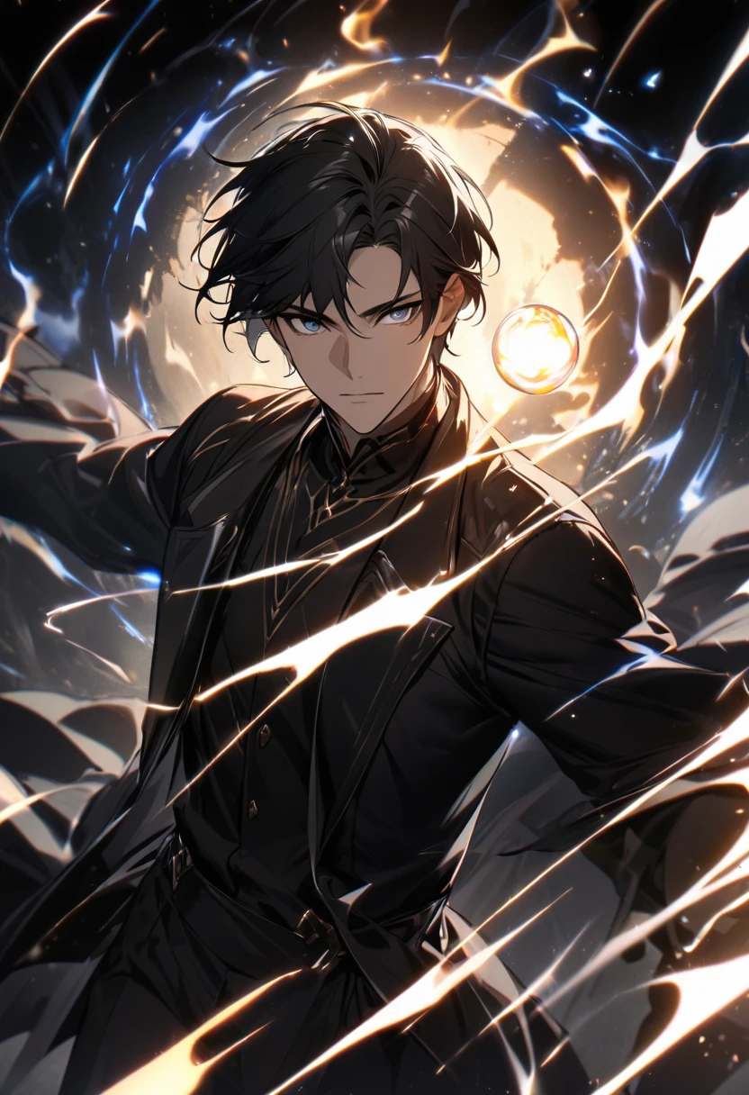 Man, short hair, black hair, black eyes, glowings eyes, black aura, white aura, handsome, high quality, black energy ball