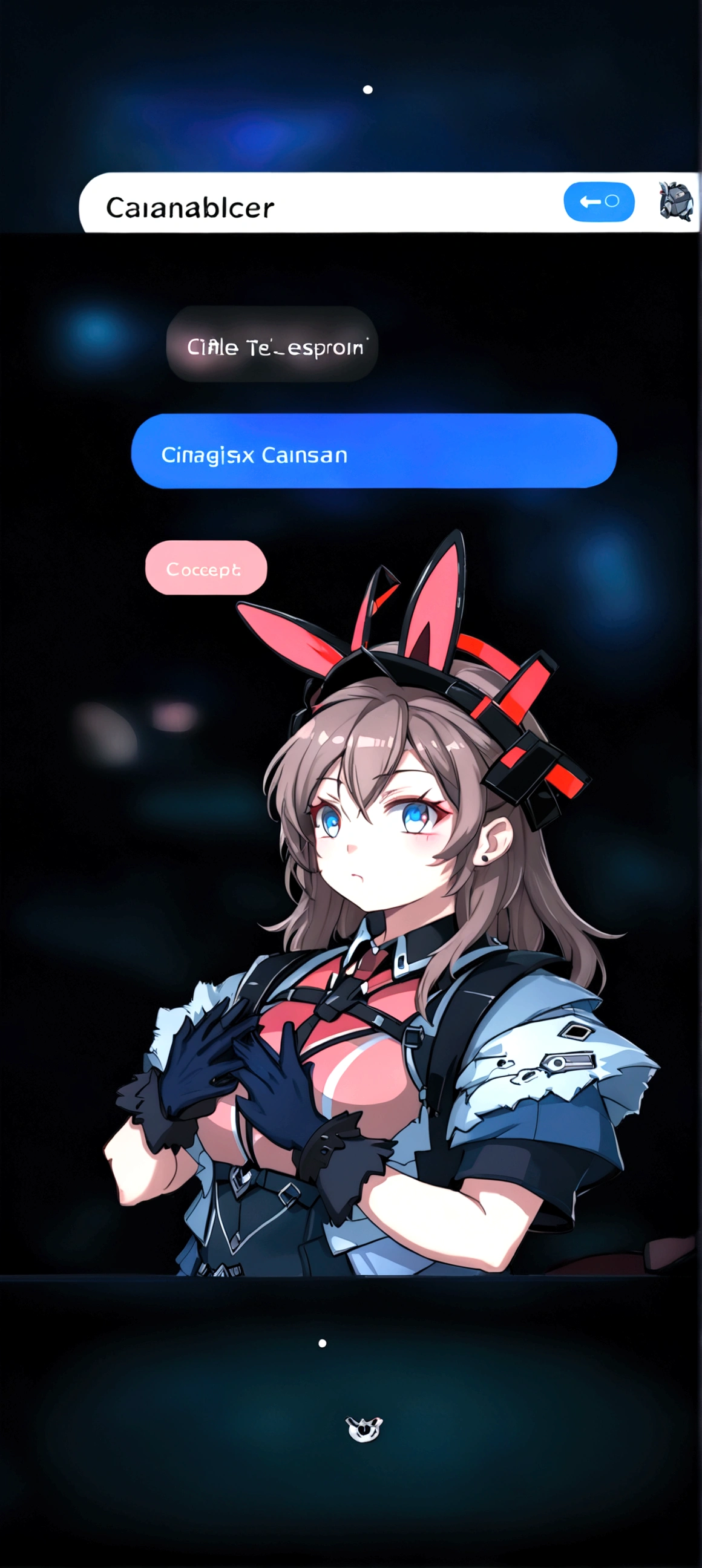 Female gender, hell bunnies concept, It would have ears and two huge horns with winter clothing similar to Russian and Canadian clothing, Its style is similar to cyberpunk and gothic but with more originality