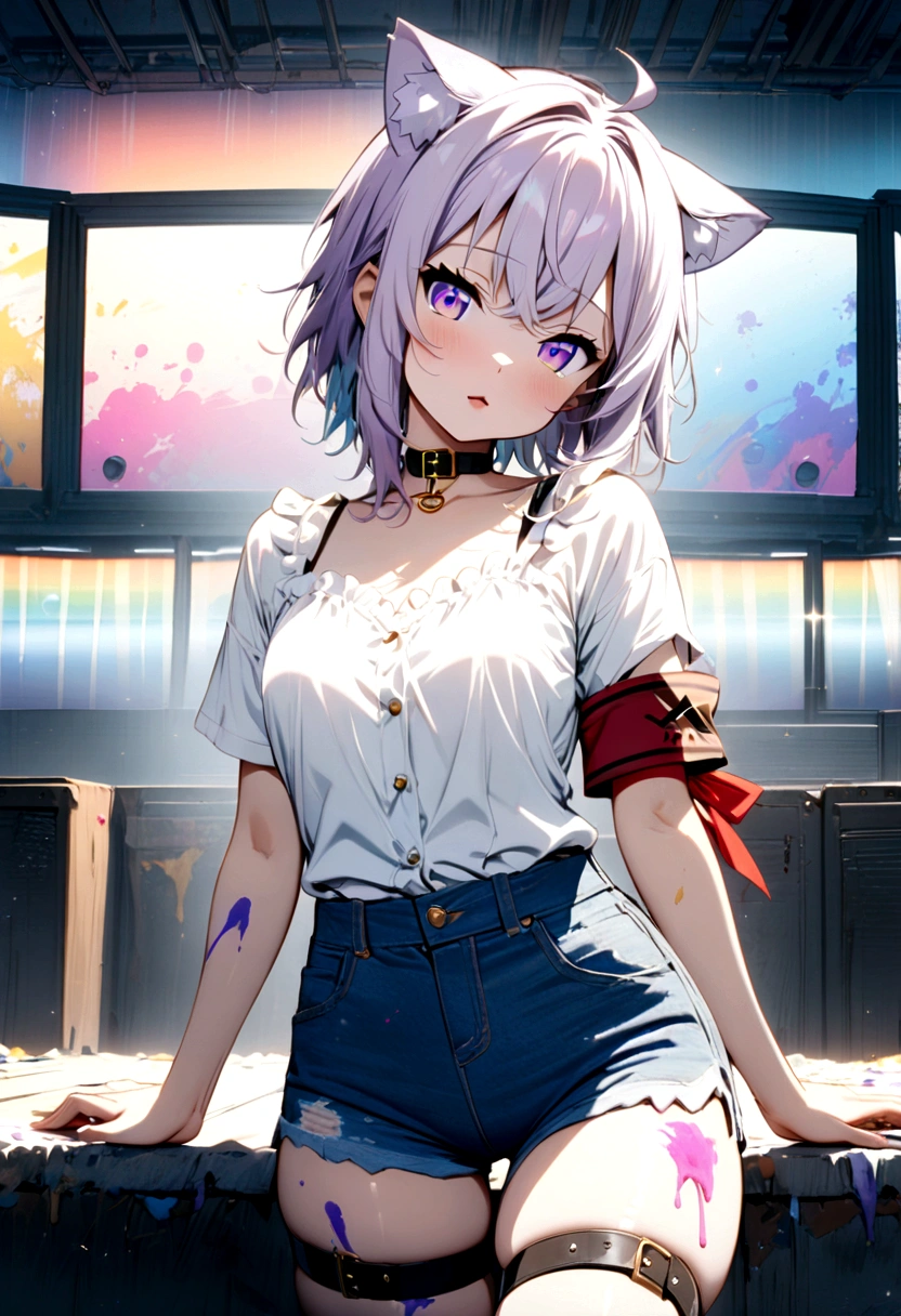 ((Nekomata okayu)), ((Masterpiece)), (Anime:1.5), ((best quality)), (Professional Photography:1.3), (High Definition), (RAW photo:1.2), cat ears, 1girl, solo, profile, (Glossy lips), :d, idol posing, denim shorts, choker, paint splatter, (audio spectrum background:1.3), looking at viewer, armband, thigh strap, paint on body, head tilt, bored, pale purple hair, (sparkle eyes),