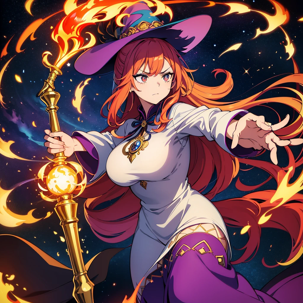 (beautiful eyes finely detailed, Look at the details, Multicolored Hair), Wearing a long dress witch costume, Angry expression, has a mysterious staff, She holds a magic wand、Flames are coming out of it and it's casting a magic spell., The background is a wizard's wind magic circle., There are many magical particles in front of me., whole body, masterpiece, Highest quality, detailed, High resolution illustrations