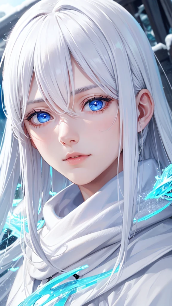 cold white hair, bright blue eyes, delicate features, five springs, man 
