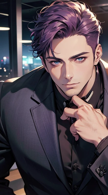 (best quality,4k,8k,highres,masterpiece:1.2),ultra-detailed,(realistic,photorealistic,photo-realistic:1.37),1 man,31 years old,mature man,very handsome,without expression,smile,short purple hair,blue eyes,penetrating gaze,perfect face without errors,imposing posture,businessman,office background,cinematic lighting,hdr image