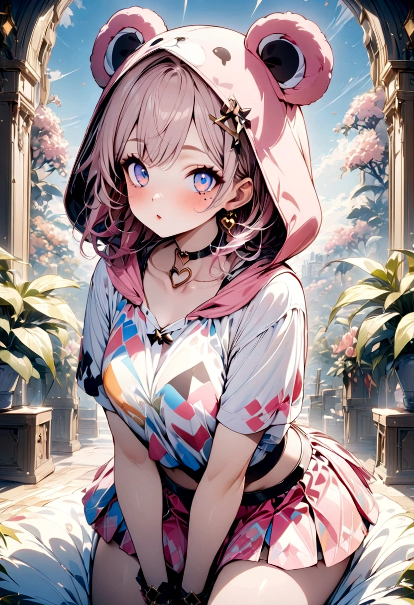 ,beautiful flower々）,mole under eye, heart shaped choker, (masterpiece, highest quality), official art, beautiful and aesthetic: 1.2), (1 girl), very detailed, (geometry art: 1.3), colorful、pink bob hair、monkey hood shirt、mini skirt