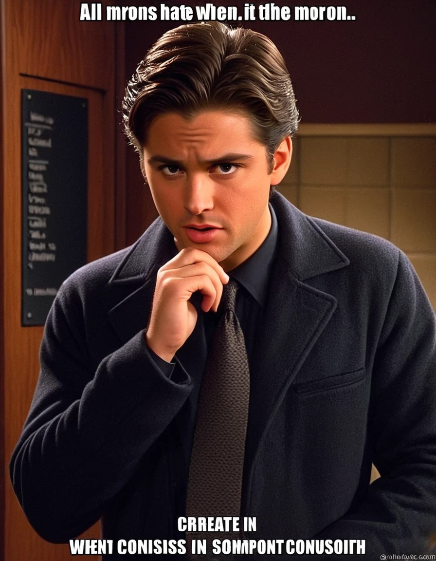 "All morons hate it when you call them a moron."
Image Prompt: Create a scene where Holden engages in a heated conversation, emphasizing the discomfort and tension that arises when someone is confronted with their own shortcomings.