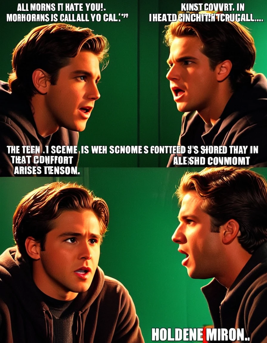 "All morons hate it when you call them a moron."
Image Prompt: Create a scene where Holden engages in a heated conversation, emphasizing the discomfort and tension that arises when someone is confronted with their own shortcomings.