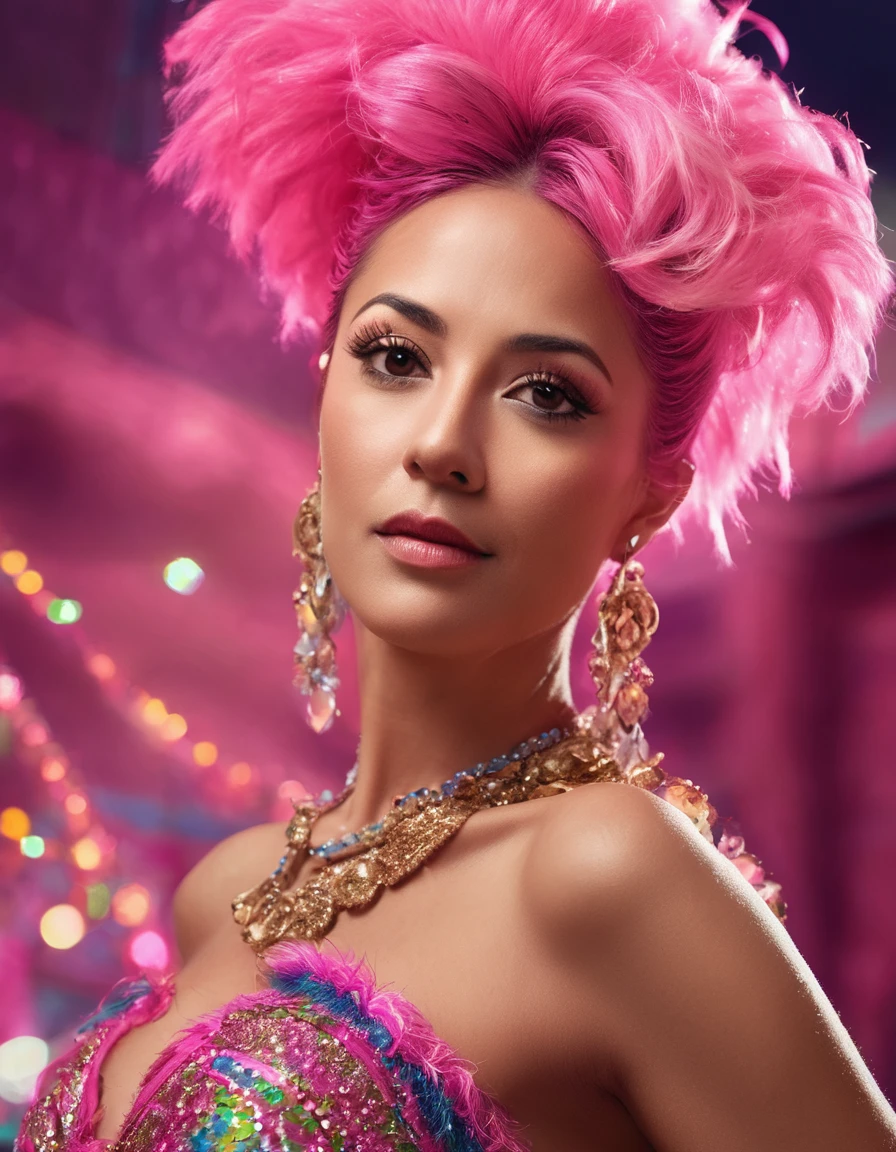high resolucion, Masterpiece, Best Quality, ((Hasselblad photo)), Sharp focus, (Cinematic lighting), Soft lighting, Dynamic Angle, girl, Mature Brazilian woman, (Wearing a samba dance dress:1.2), carnival, Samba dress, fine detailed skin, Very long wavy pink hair, Highly pink tailed hair, high heels， large full breasts，a narrow waist，bare belly，sparkly skin， intricate detail, ((Cinematic light)), , Brazil, carnival, Colors, 8K,pink hair
