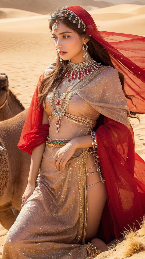 （lifelike， high resolution：1.3）， close up，A desert queen in a flowing scarlet veil, mounted on a camel with fur as soft as the sands of time. The camel's humps are draped with luxurious textiles, and her eyes are lined with kohl, reflecting the mystery of the ancient dunes. A sash of golden threads is tied around her waist, and the desert wind carries the whispers of her allure, crafting a tale of mystery and passion in the sands.