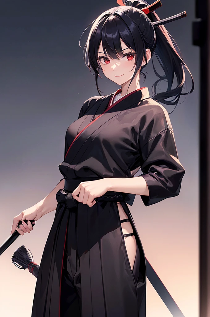 (masterpiece; best quality: 1.2), (finely detailed eyes: 1.3), ((25 year old woman)), ((solo)), (red eyes: 1.4), (body; lithe, slender, femenine: 1.3), (black hair in ponytail: 1.3), (beautiful and clear background: 1.2), ((depth of field)), (clothes: ronin attire + black hakama + black sash: 1.3), (anime illustration: 1.2), (background composition; kendo dojo + night time: 1.1), (extremely fine and beautiful: 1.1), (shot composition; standing + centered on torso + close-up: 1.5), (expression; calm, smile: 1.2)