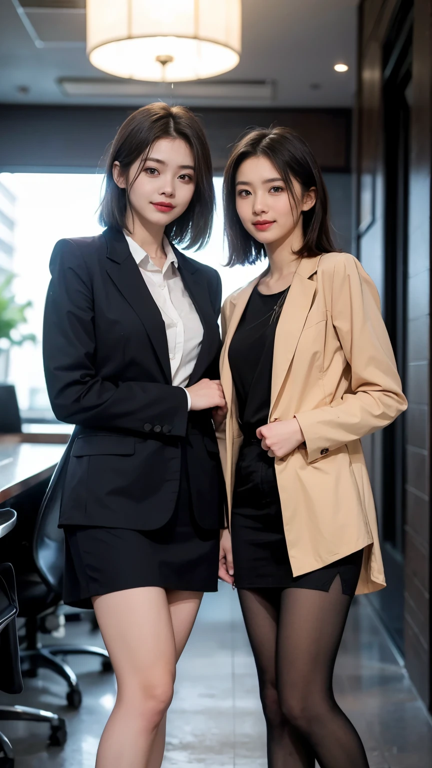 Delicate makeup，Two women standing side by side、Cross your arms、Cool Beauty,　Accurately express the fine details of the face and skin texture,(The most beautiful face and eyes), Delicate skin,Looking into the camera、Short Haircut、smile、Jacket、shirt、((Are standing:1.3))、(Light pantyhose:1.2), (pumps)、(Business services)、 indoor, ,The background is the building&#39;s entrance

