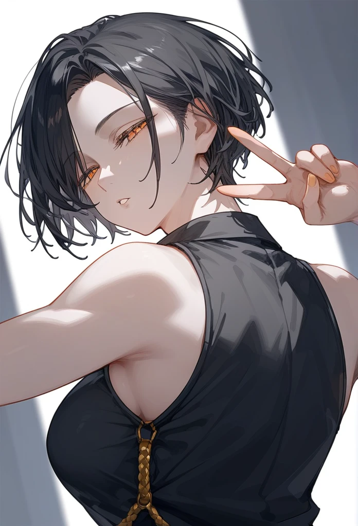 masterpiece, Score_9, Score_8_up, Score_7_up, rear view, 1 woman, alone, dark black hair, very short hair, long parted bangs, gold and orange eyes, half-closed eyes, parted lips, expressionless, pale skin, large breasts, top body,
Long open bangs, with a mole below the mouth, cut style (boy), No bangs, basic black shirt with V-neckline and straps, Sleeveless.