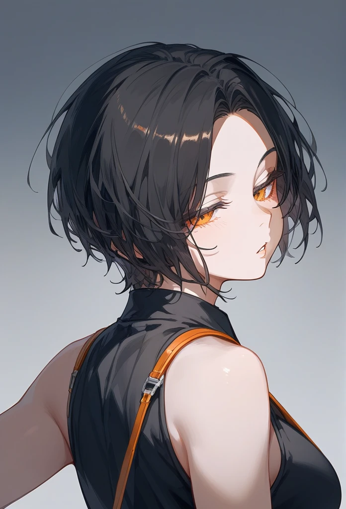 masterpiece, Score_9, Score_8_up, Score_7_up, rear view, 1 woman, alone, dark black hair, very short hair, long parted bangs, gold and orange eyes, half-closed eyes, parted lips, expressionless, pale skin, large breasts, top body,
 Long open bangs, with a mole below the mouth, cut style (boy), No bangs, basic black shirt with V-neckline and straps, Sleeveless.