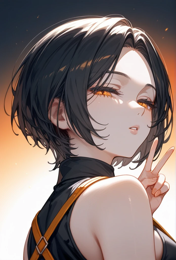 masterpiece, Score_9, Score_8_up, Score_7_up, rear view, 1 woman, alone, dark black hair, very short hair, long parted bangs, gold and orange eyes, half-closed eyes, parted lips, expressionless, pale skin, large breasts, top body,
Long open bangs, with a mole below the mouth, cut style (boy), No bangs, basic black shirt with V-neckline and straps, Sleeveless.