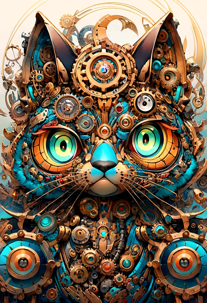 Create a highly detailed and stylized digital artwork of a cat for a children's bedroom wall art, optimized for A4 size. The cat should be depicted in a cartoon animation style with vibrant colors and mechanical parts. The cat has large, expressive eyes, a playful and dynamic pose, and features detailed textures in its fur. Integrate mechanical elements like gears, joints, and metal plating seamlessly into its body, creating a unique blend of organic and mechanical aesthetics. The background should be simple and pastel-toned to complement the cat's vibrant appearance without detracting from the character. The overall design should be engaging, full of personality, and visually striking, perfect for captivating a child's imagination